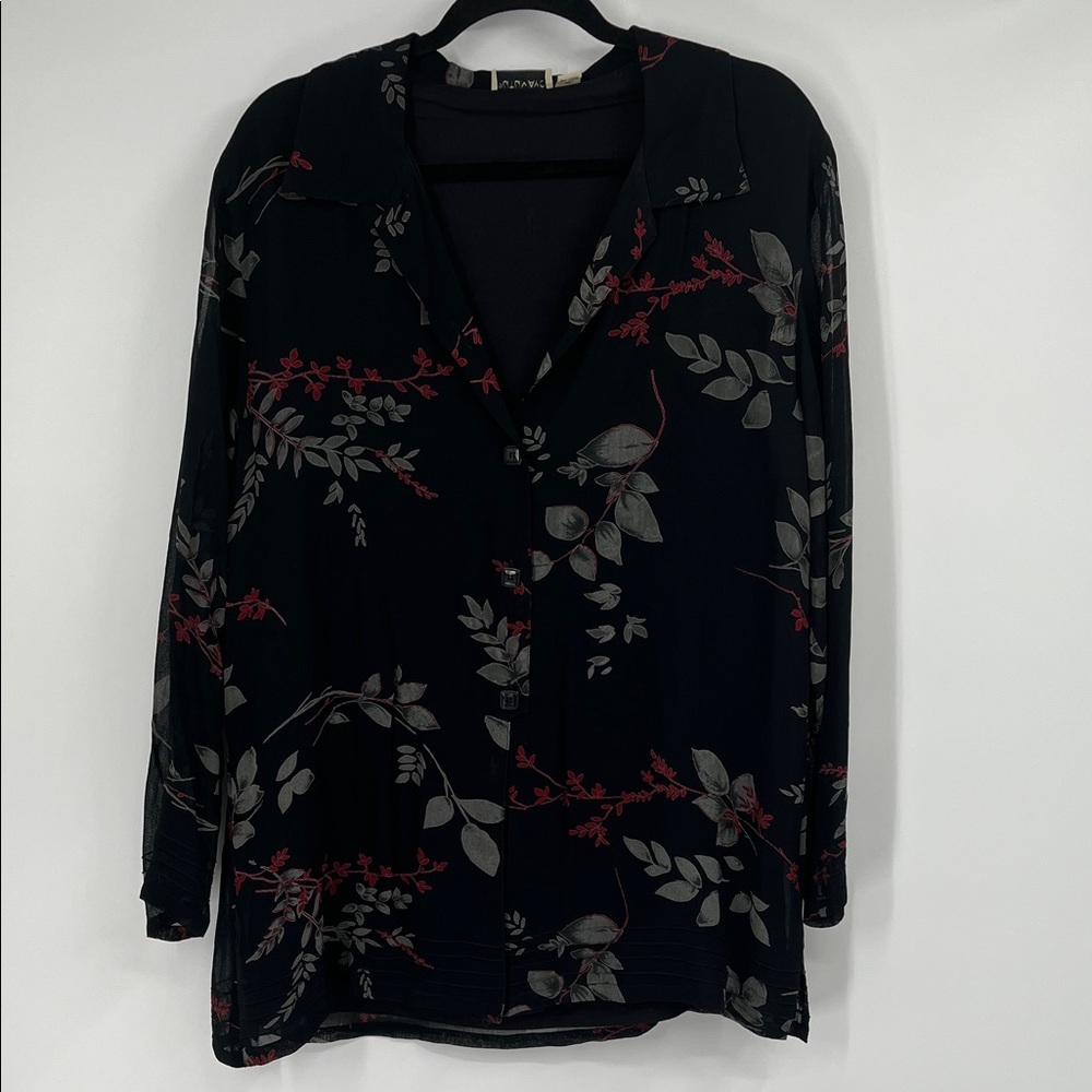 Vintage Putumayo Black Floral Print Button Up Long Sleeve Top Size Large
